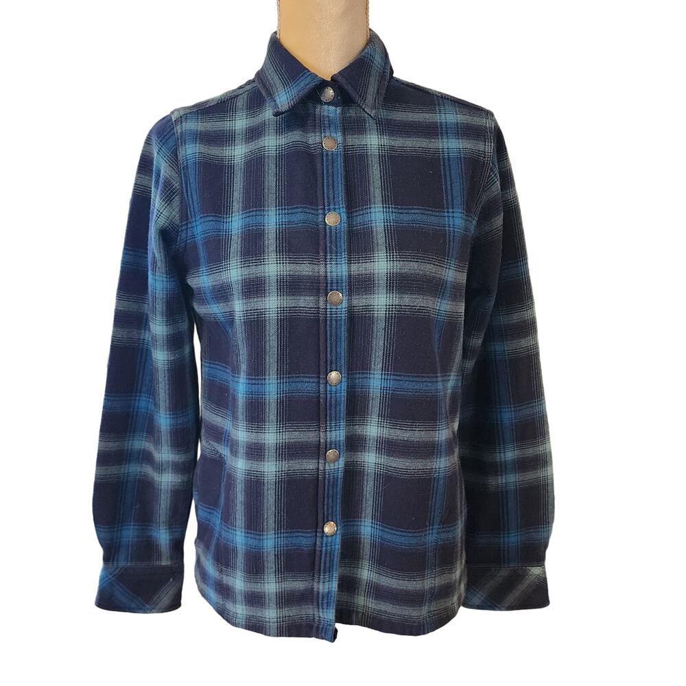 Orvis Women's Fleece Lined Blue Plaid Shacket Snap Down Front side pockets Small